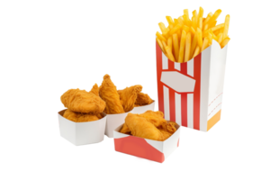 Fried chicken wings and french fries in a box, isolated on white transparent background, ai generate png