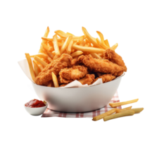 gebraten Hähnchen Nuggets und Französisch Fritten im ein Eimer, Lieferung schnell Lebensmittel isoliert auf Weiß Hintergrund, ai generieren png