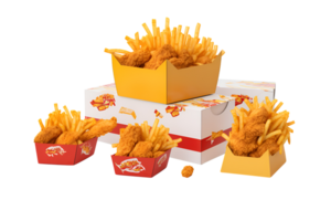 Fried chicken nuggets Hamburger and french fries in box, Fast food delivery foods isolated on white background, ai generate png