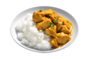 Hähnchen Curry mit Jasmin Reis im ein Weiß Platte, isoliert auf Weiß transparent Hintergrund, ai generieren png