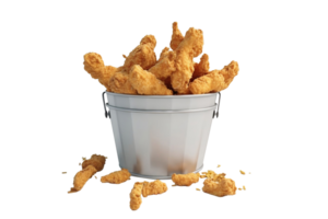 gebraten Hähnchen Nuggets und Französisch Fritten im ein Eimer, Lieferung schnell Lebensmittel isoliert auf Weiß Hintergrund, ai generieren png