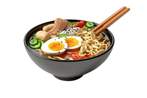 Asian noodle soup, ramen with chicken, vegetables and egg in black bowl, isolated on white transparent background, ai generate png