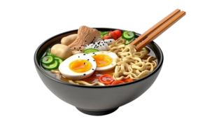 ásia macarrão sopa, ramen com frango, legumes e ovo dentro Preto tigela, isolado em branco transparente fundo, ai gerar png