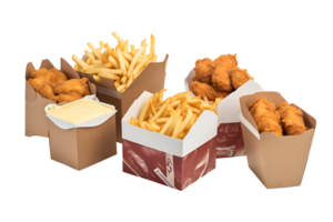 Fried chicken and french fries in a box, delivery foods isolated on white transparent background, ai generate png