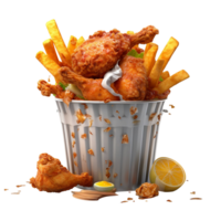 Fried chicken nuggets and french fries in a bucket, delivery fast foods isolated on white background, ai generate png