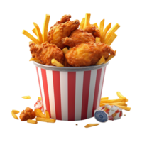 Fried chicken nuggets and french fries in a bucket, delivery fast foods isolated on white background, ai generate png