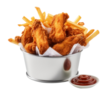 Fried chicken nuggets and french fries in a bucket, delivery fast foods isolated on white background, ai generate png