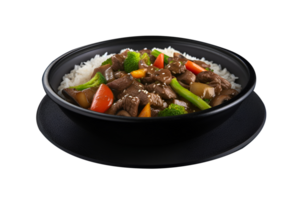 Beef and vegetables stir fry with jasmine rice in black bowl, isolated on white background, ai generate png