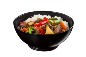 Beef and vegetables stir fry with jasmine rice in black bowl, isolated on white background, ai generate png