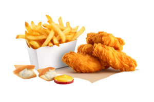 Fried chicken nuggets Hamburger and french fries in box, Fast food delivery foods isolated on white background, ai generate png