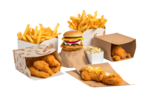 Fried chicken nuggets Hamburger and french fries in box, Fast food delivery foods isolated on white background, ai generate png