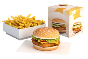 Lieferung Lebensmittel Hamburger mit Französisch Fritten im ein Kasten, isoliert auf Weiß transparent Hintergrund, ai generieren png