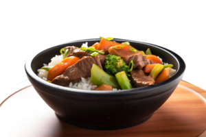 Beef and vegetables stir fry with jasmine rice in black bowl, isolated on white background, ai generate png