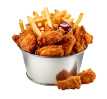 gebraten Hähnchen Nuggets und Französisch Fritten im ein Eimer, Lieferung schnell Lebensmittel isoliert auf Weiß Hintergrund, ai generieren png