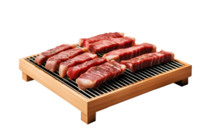 du boeuf et porc tranche sur grille pour barbecue Japonais nourriture style, isolé sur blanc arrière-plan, ai produire png