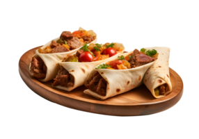 Burritos eingewickelt mit Rindfleisch und Gemüse auf hölzern Platte, isoliert auf Weiß transparent Hintergrund, ai generieren png
