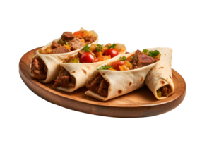 burritos insvept med nötkött och grönsaker på trä- tallrik, isolerat på vit transparent bakgrund, ai generera png