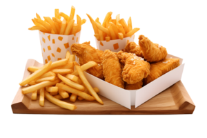 friterad kyckling nuggets hamburgare och franska frites i låda, snabb mat leverans livsmedel isolerat på vit bakgrund, ai generera png