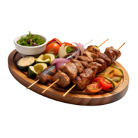 brocheta con A la parrilla carne de vaca y vegetales en de madera lámina, aislado en blanco transparente fondo, ai generar png