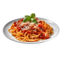 espaguetis con tomate salsa y albahaca en un lámina, aislado en blanco transparente fondo, ai generar png