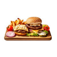 Hamburger with French fries on wooden plate, isolated on white background, ai generate png