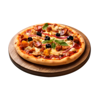 pizza Aan houten bord, levering voedingsmiddelen geïsoleerd Aan wit transparant achtergrond, ai genereren png