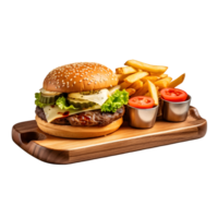 Hamburger met Frans Patat Aan houten bord, geïsoleerd Aan wit transparant achtergrond, ai genereren png