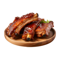 Grilled pork ribs on wood plate. isolated on white background, ai generate png