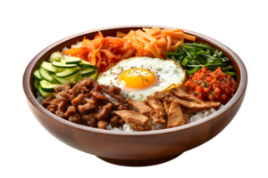 Bibimbap rice and vegetables Korean food in bowl, isolated on white background, ai generate png