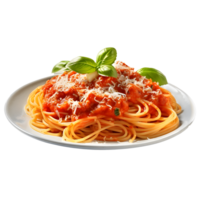 Spaghetti with tomato sauce and basil in a plate, isolated on white  background, ai generate png