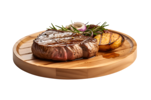 Beef steak meat cutting on a wooden board, Japanese Wagyu Beef Yakiniku Steak, isolated on white background, ai generate png