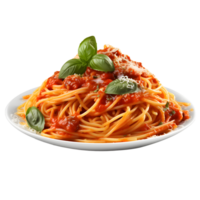 spaghetti con pomodoro salsa e basilico nel un' piatto, isolato su bianca sfondo, ai creare png