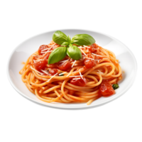 Spaghetti with tomato sauce and basil in a plate, isolated on white  background, ai generate png