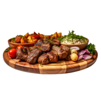 Kebab with grilled Beef and Vegetables on wooden plate, isolated on white background, ai generate png