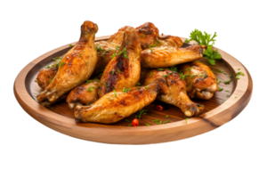 Roasted chicken wings on wooden plate, isolated on white background, ai generate png