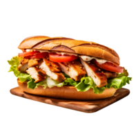Sandwich with grilled chicken and vegetables on wooden plate, isolated on white background, ai generate png