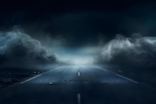 empty space road with storm clouds lightning in the sky, mock up place. Landing page concept, AI generate, AI generate photo