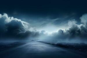 empty space road with storm clouds lightning in the sky, mock up place. Landing page concept, AI generate, AI generate photo
