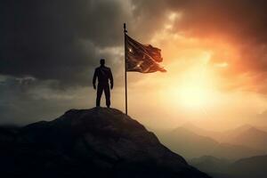 silhouette of businessman with flag on mountain top over sky and sun light background, AI generate photo