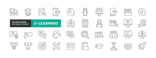 Set of 36 E-Learning Line icons set. E-Learning outline icons with editable stroke collection. Includes e-learning, online reading, online class, webinar, support and More. vector