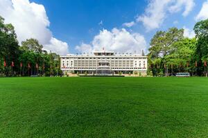 Ho Chi Minh, Viet Nam - 30 June 2023 Beautiful morning of front View Reunification Palace, which was a work of president in Ho Chi Minh photo