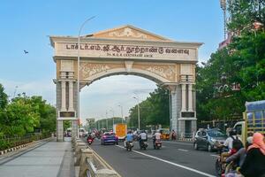 Chennai, India - July 14, 2023 DR MGR Centenary Arch along Marina Beach photo