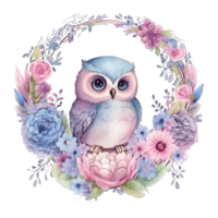 Cute Spring Owl Watercolor Illustration AI Generated png