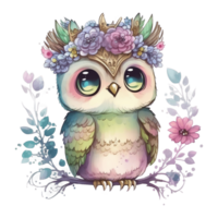 Cute Spring Owl Watercolor Illustration AI Generated png