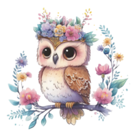 Cute Spring Owl Watercolor Illustration AI Generated png