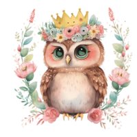 Cute Spring Owl Watercolor Illustration AI Generated png