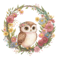 Cute Spring Owl Watercolor Illustration AI Generated png