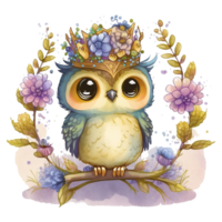 Cute Spring Owl Watercolor Illustration AI Generated png