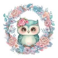 Cute Spring Owl Watercolor Illustration AI Generated png