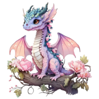 Cute Spring Dragons Watercolor Illustration AI generated png